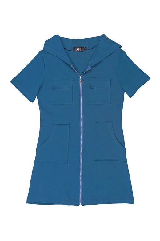 Fine Zip Front Pocketed Casual Dress With Cap (Teal Blue)